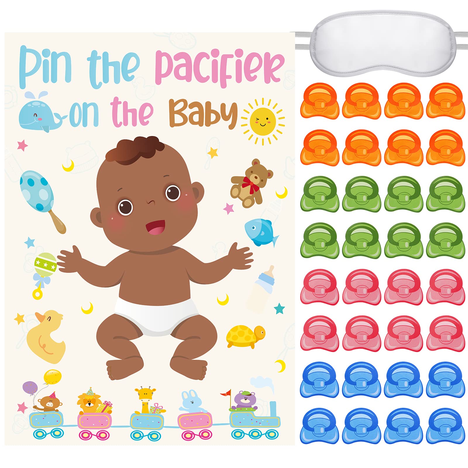 Yinder pin the pacifier poster featuring an African American baby for festive party decor.