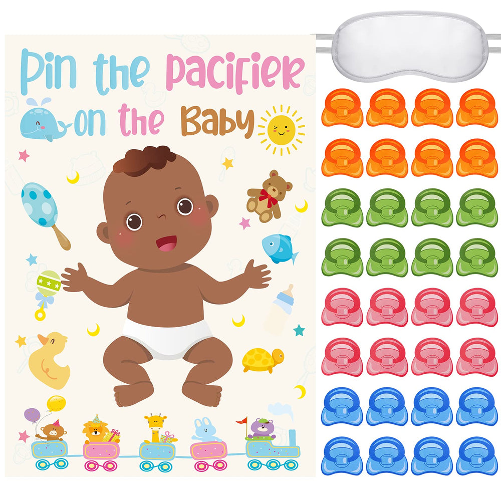 Yinder pin the pacifier poster featuring an African American baby for festive party decor.