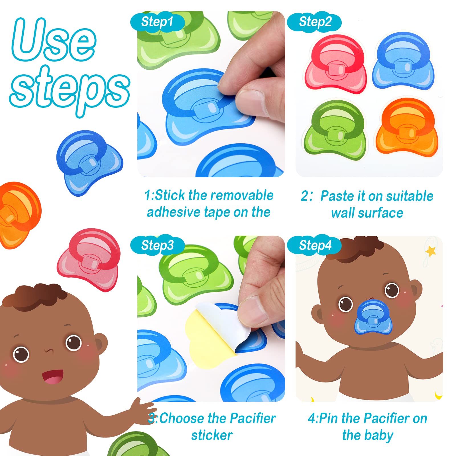 Yinder pin the pacifier poster on wall for engaging party activity.