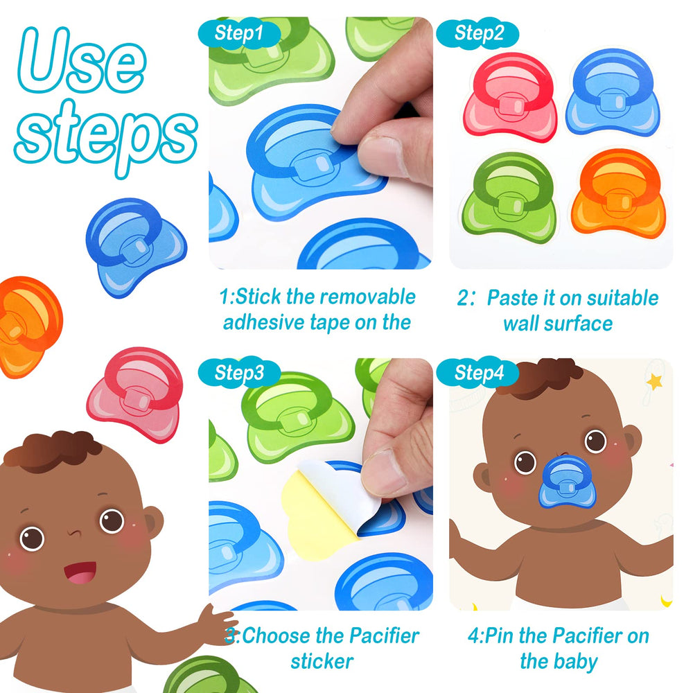 Yinder pin the pacifier poster on wall for engaging party activity.