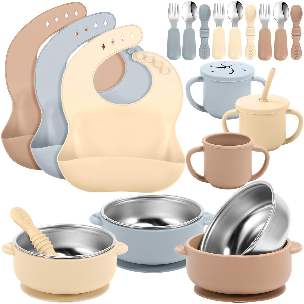 Yinder silicone baby feeding set bowls for self-feeding with easy-clean design.