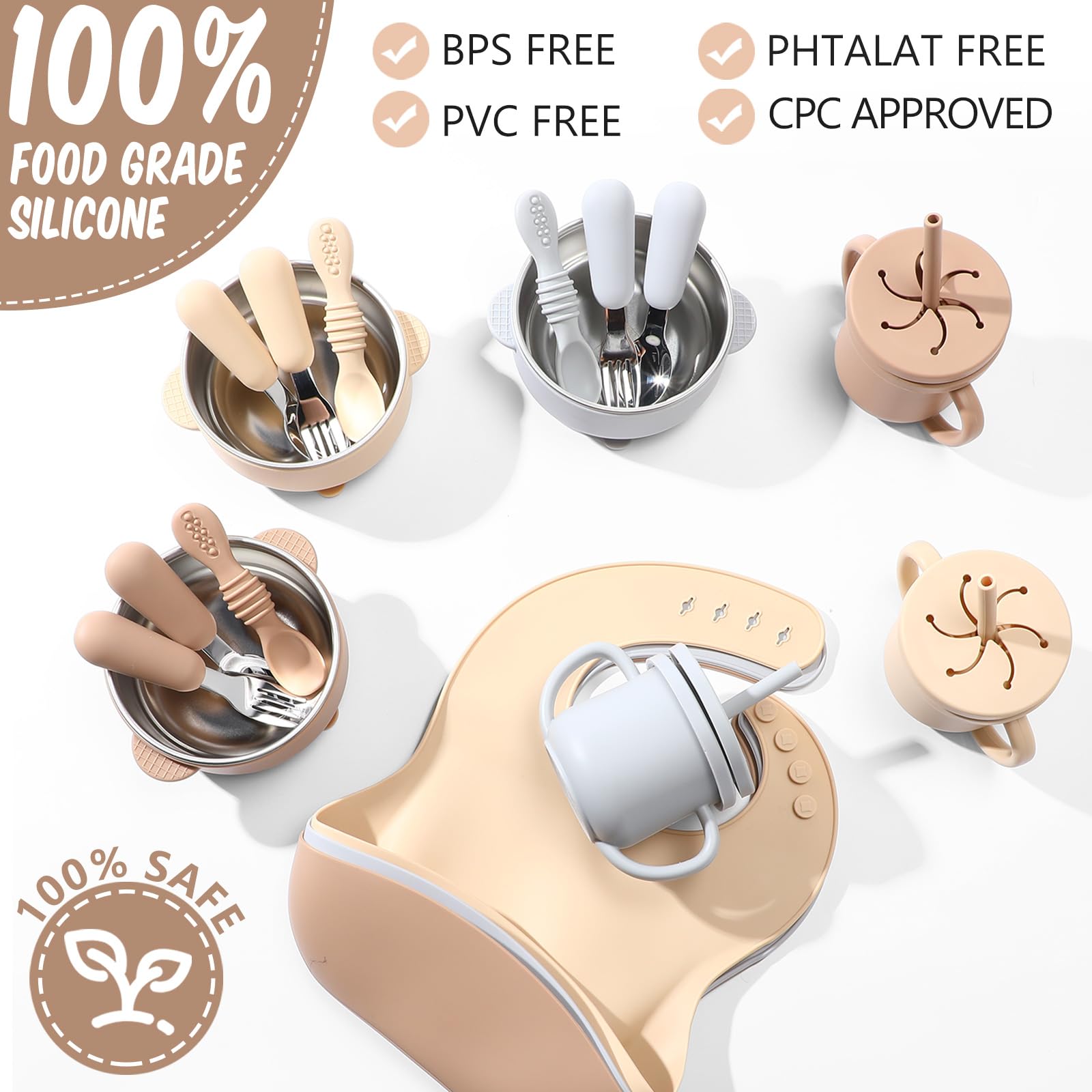 Yinder silicone baby feeding set spoons for gentle guidance during self-feeding.