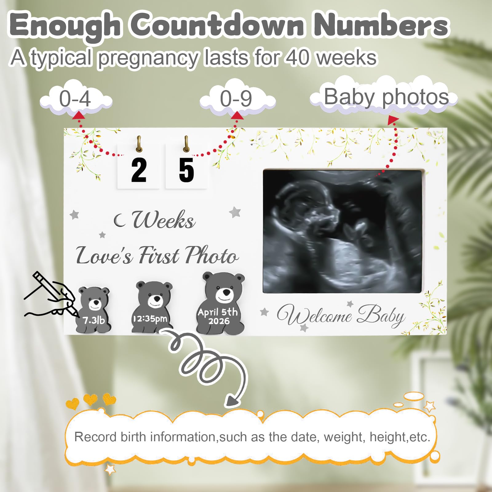YinEpand frame features three bear-shaped milestone boards for birth details