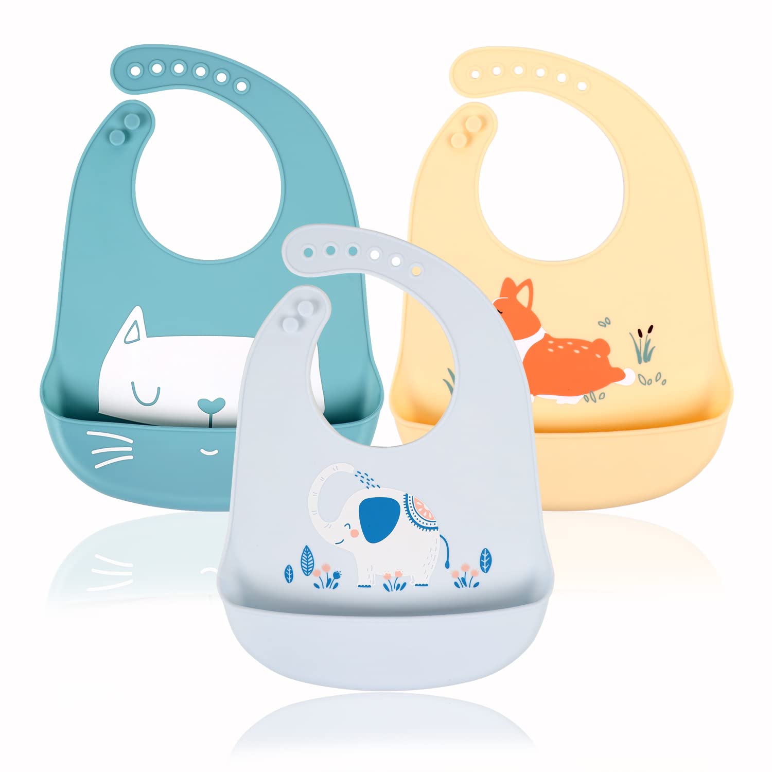YINGJEE silicone baby bibs packaged image shows safe materials and value in a 3-pack