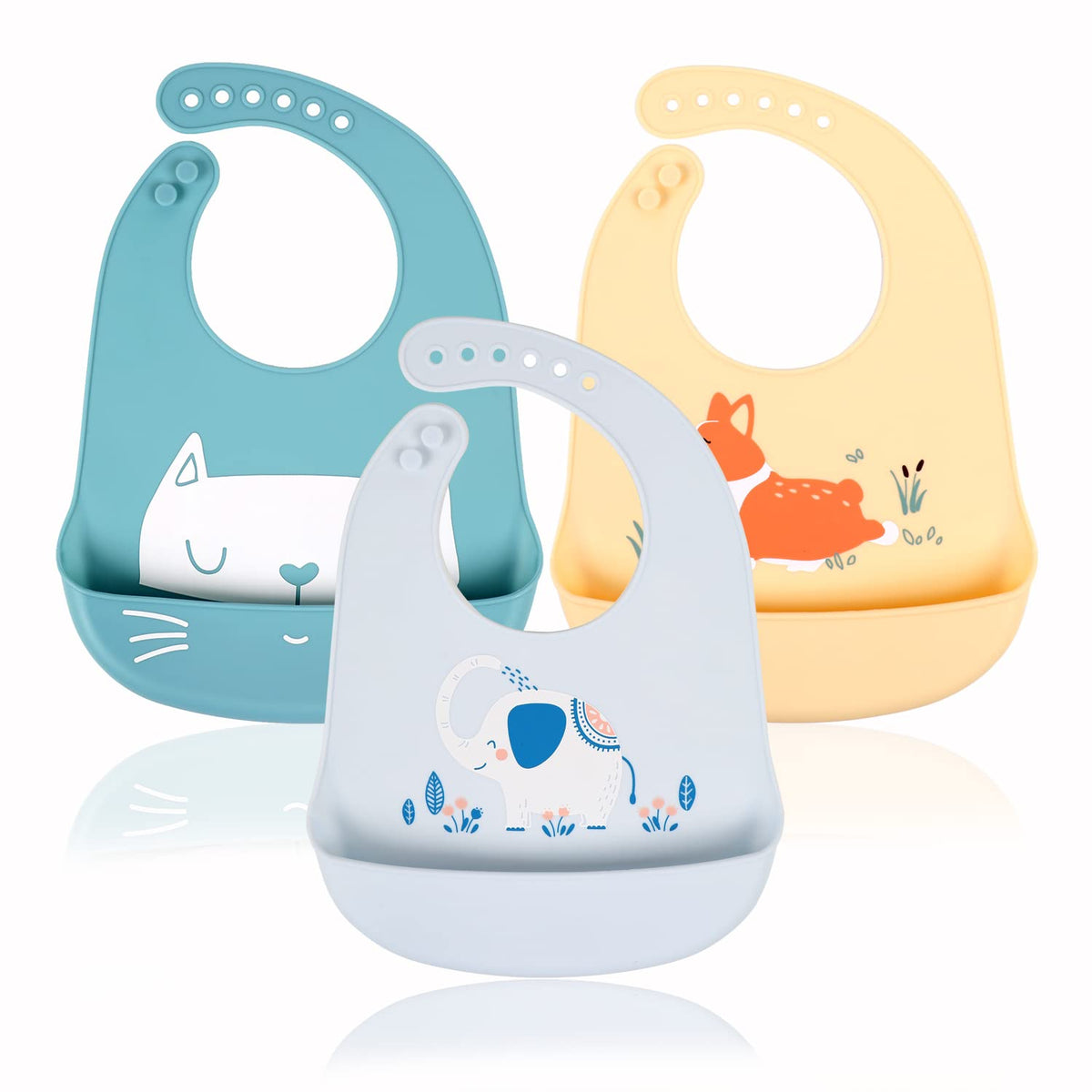 YINGJEE silicone baby bibs packaged image shows safe materials and value in a 3-pack