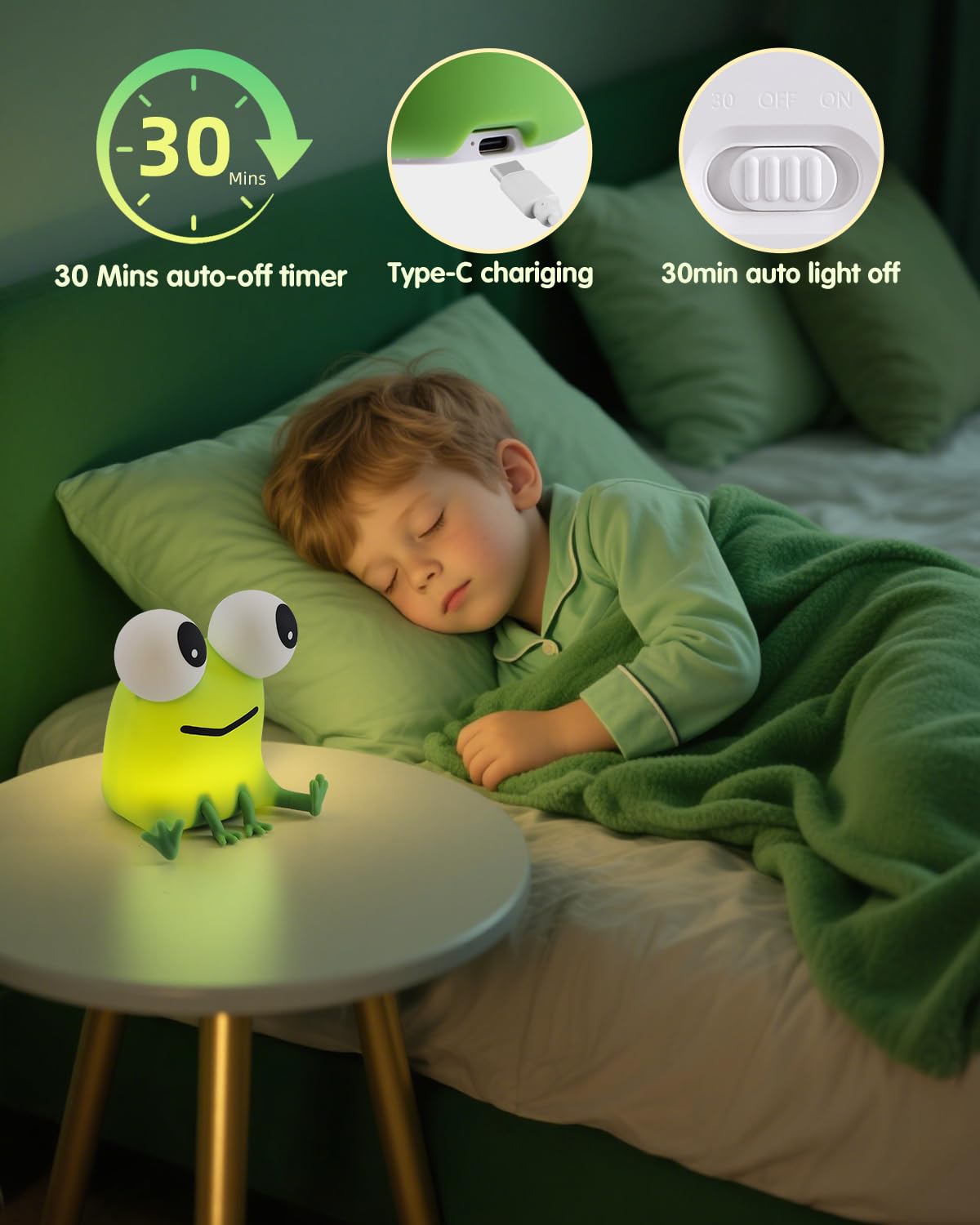 YISUN Frog night light side view highlights tactile, safe silicone.
