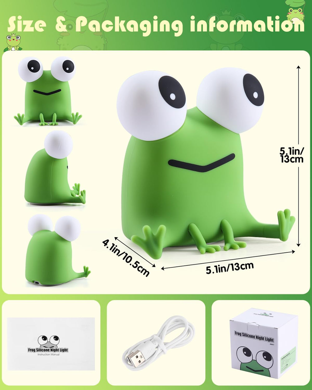 YISUN Frog night light USB cable included for charging.