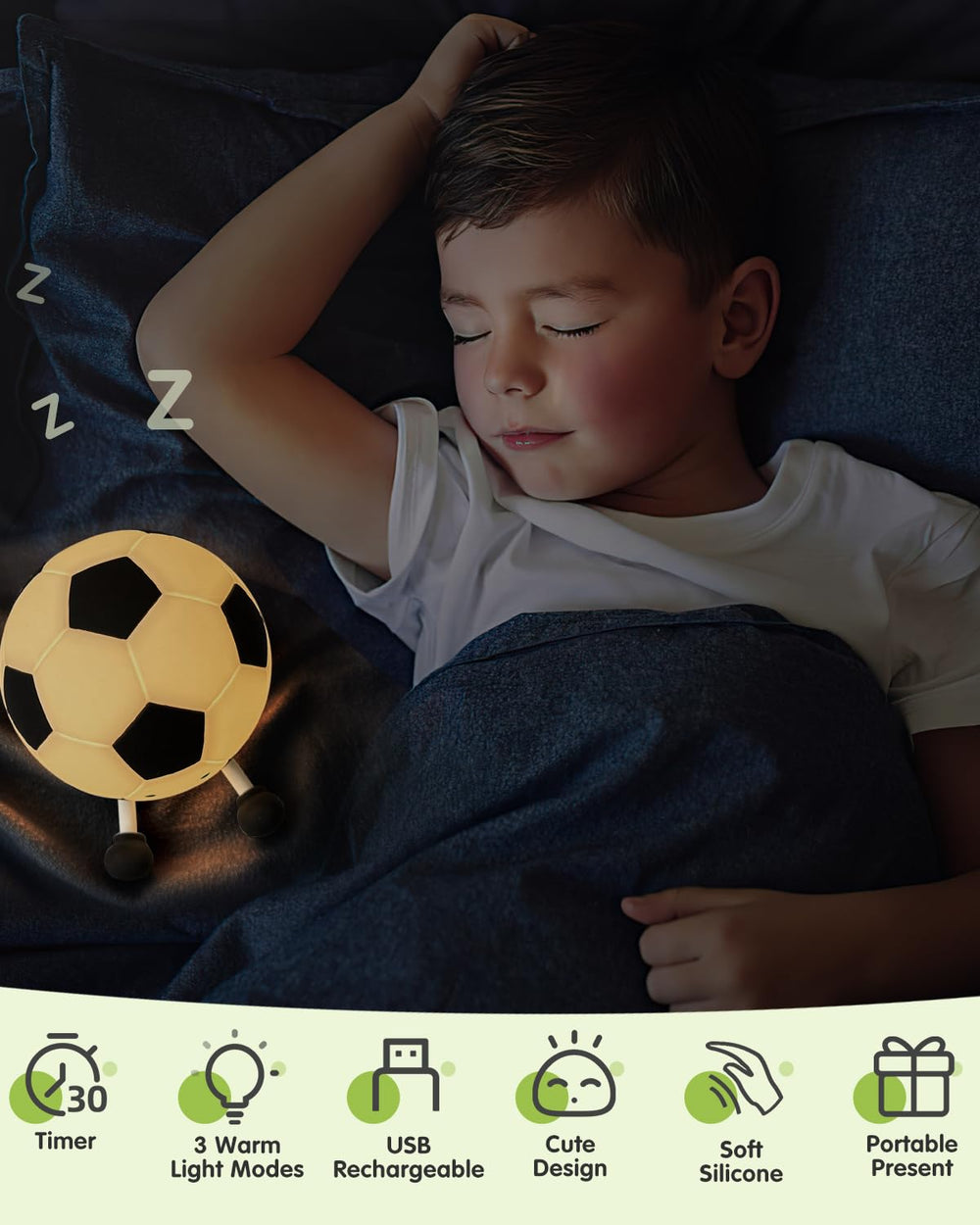 YISUN soccer night light shows 30-minute timer for easy auto-off.