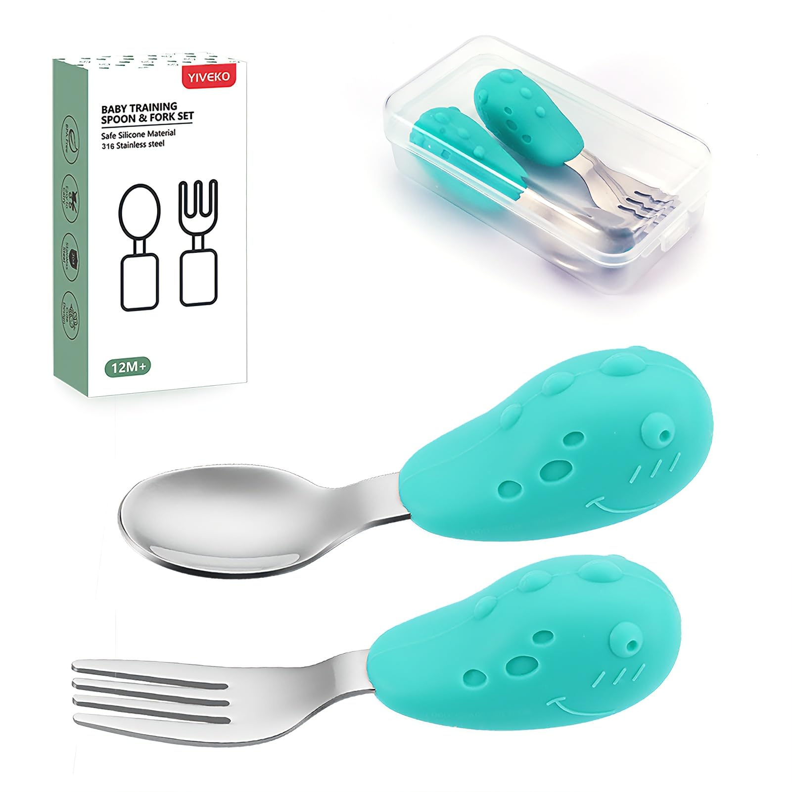 YIVEKO baby fork and spoon set with dinosaur design boosts toddler self-feeding at meals.