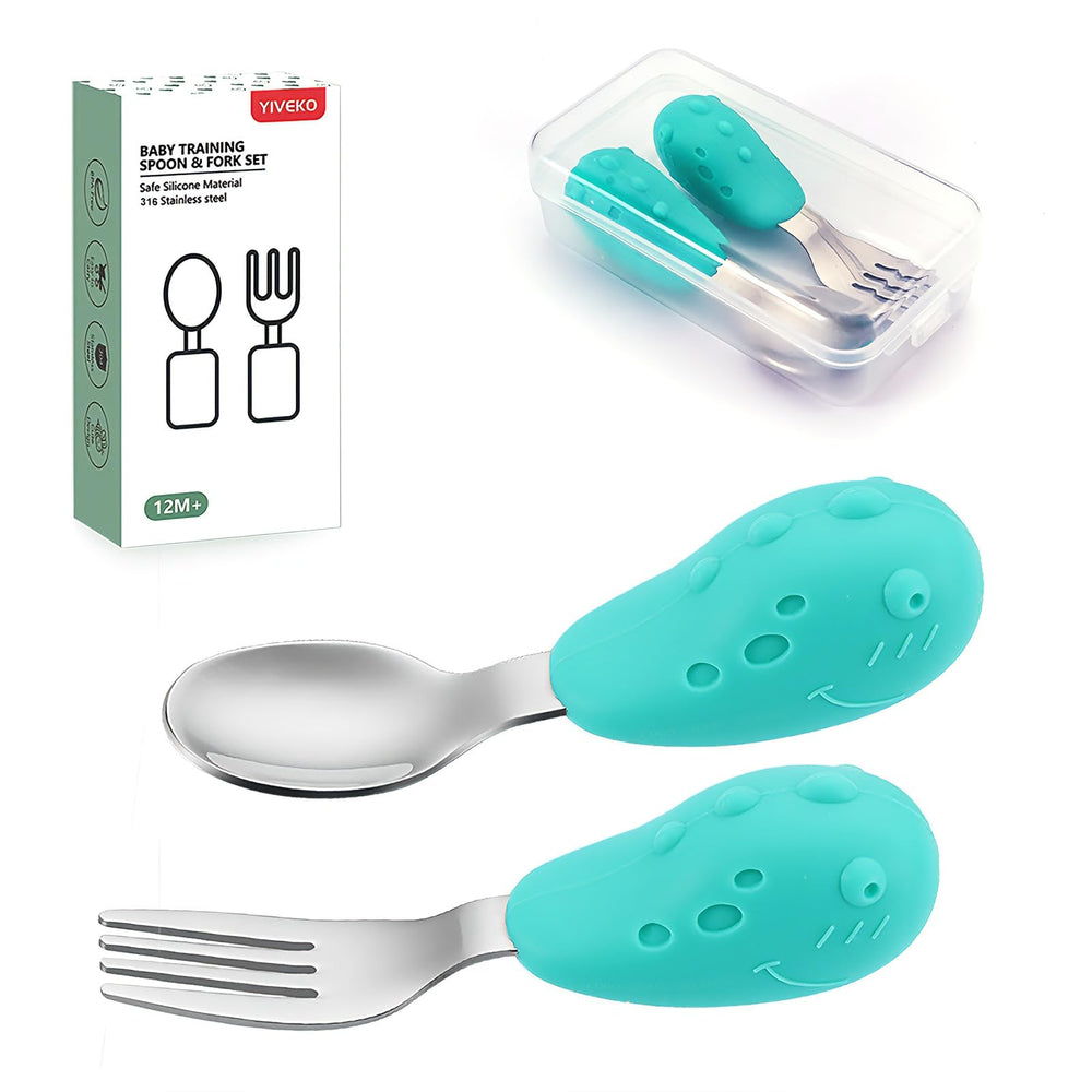 YIVEKO baby fork and spoon set with dinosaur design boosts toddler self-feeding at meals.