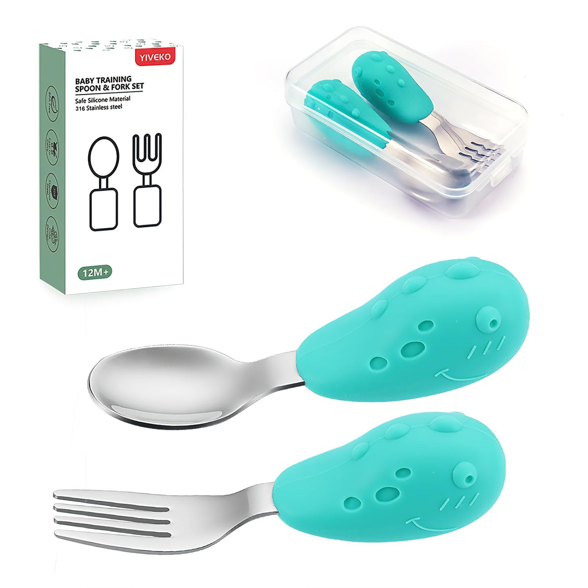 YIVEKO baby fork and spoon set with dinosaur design boosts toddler self-feeding at meals.
