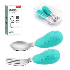YIVEKO baby fork and spoon set with dinosaur design boosts toddler self-feeding at meals.