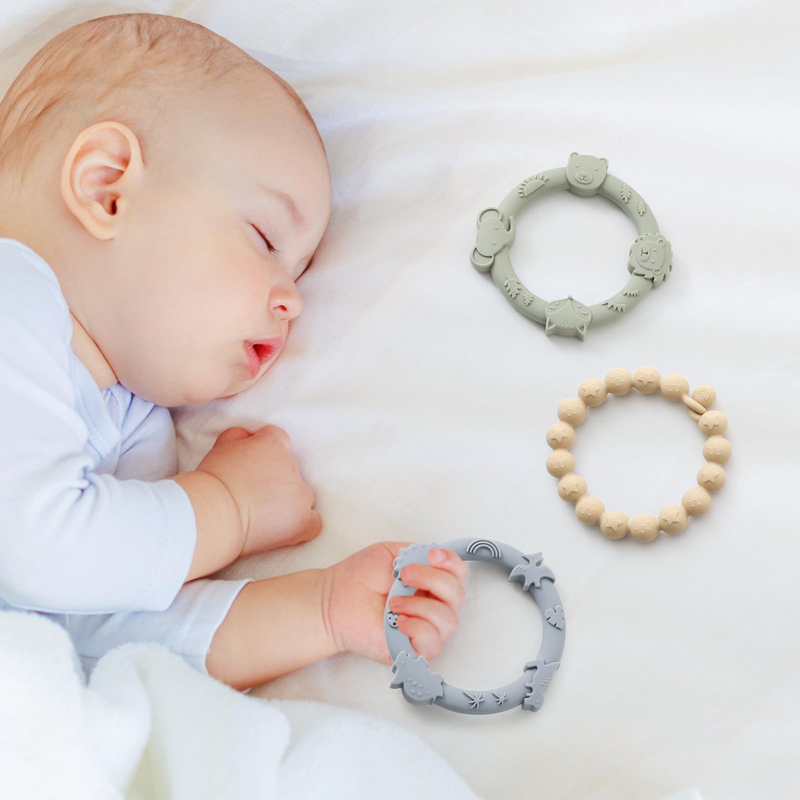 YIVEKO 3-pack blue teething rings great for shared play and gifting.