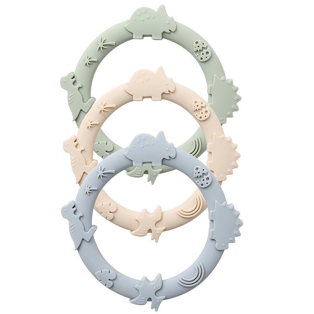 YIVEKO dinosaur teether blue closeup shows textured surfaces for gum relief