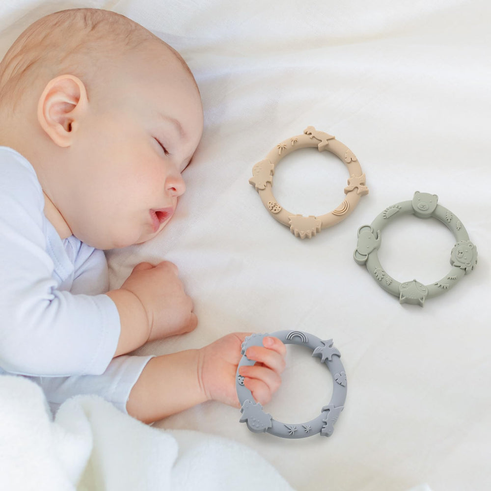 YIVEKO dinosaur teether blue pack image features a 3-pack for versatile use