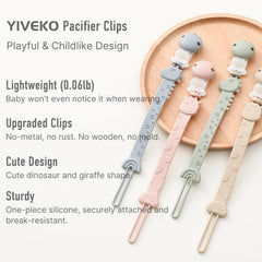 YIVEKO pacifier clip giraffe sage showcases break-resistant silicone for secure baby on-the-go.