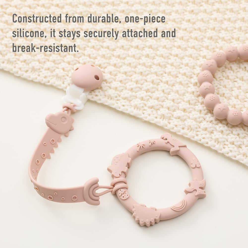 YIVEKO pacifier clip silicone texture closeup features soft-touch strap that soothes baby's tactile exploration.