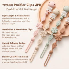 YIVEKO pacifier clips sage flower close-up easy-clean silicone finish