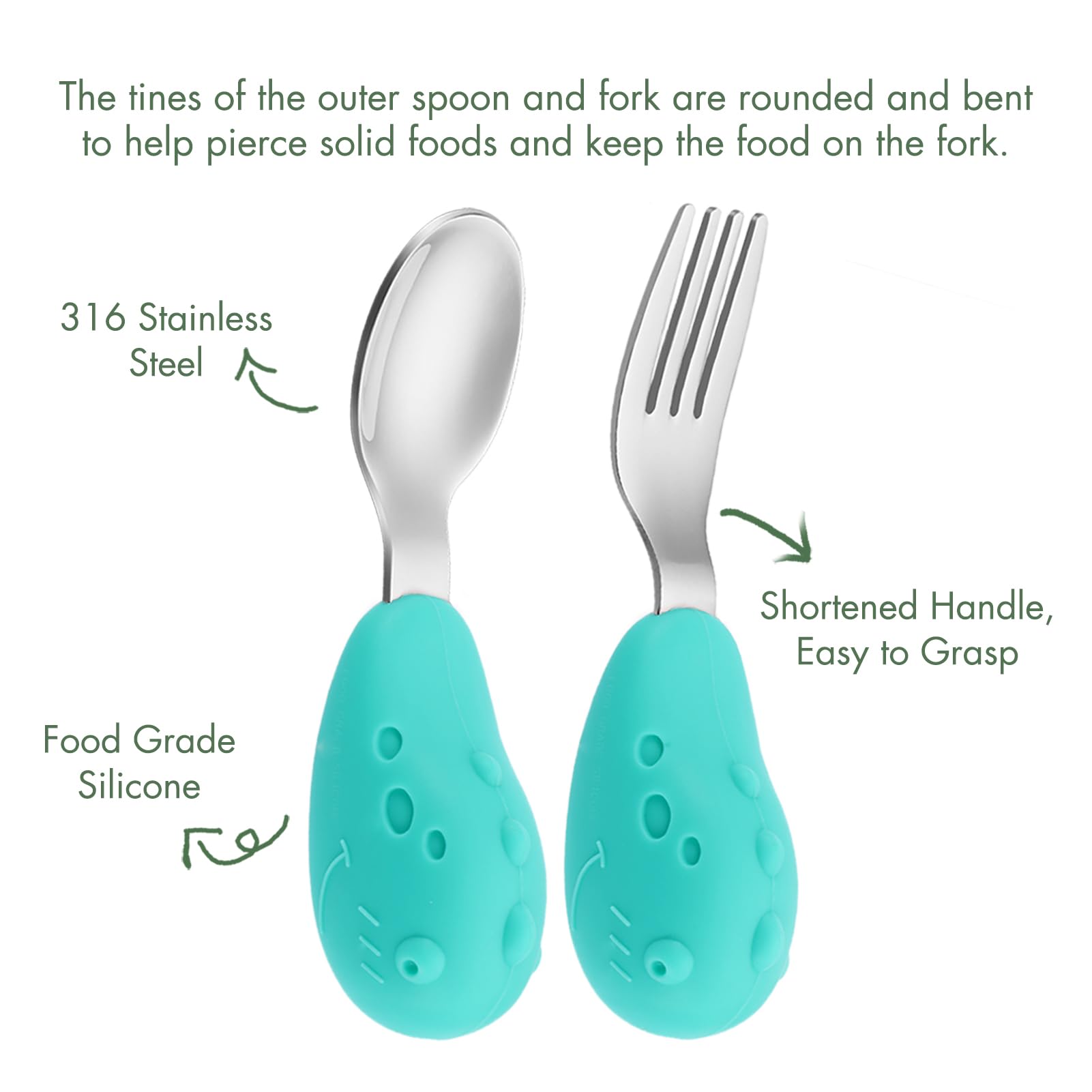 YIVEKO self-feeding spoon and fork with concave heads promote easier solid-food practice.