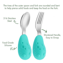 YIVEKO self-feeding spoon and fork with concave heads promote easier solid-food practice.