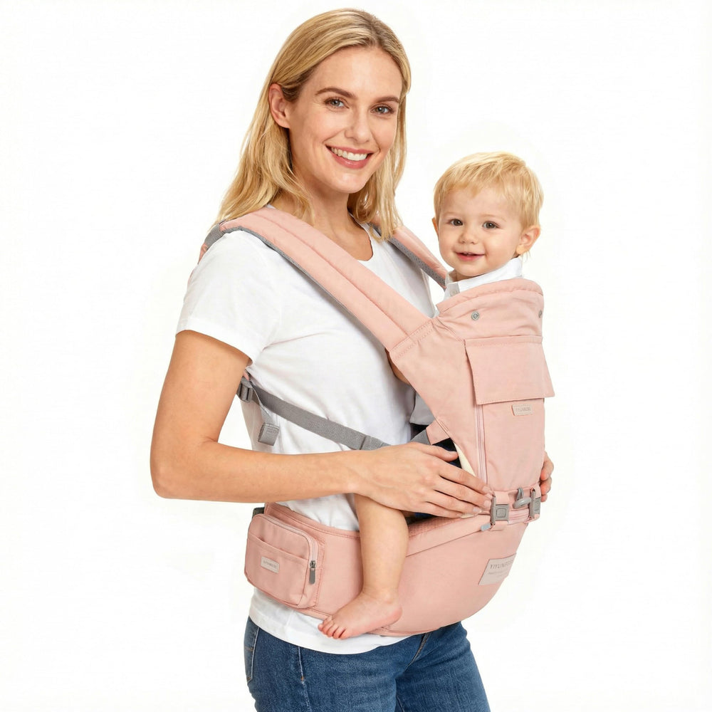 YIYUNBEBE baby carrier with hip seat enables 6-in-1 versatility from newborn to toddler.