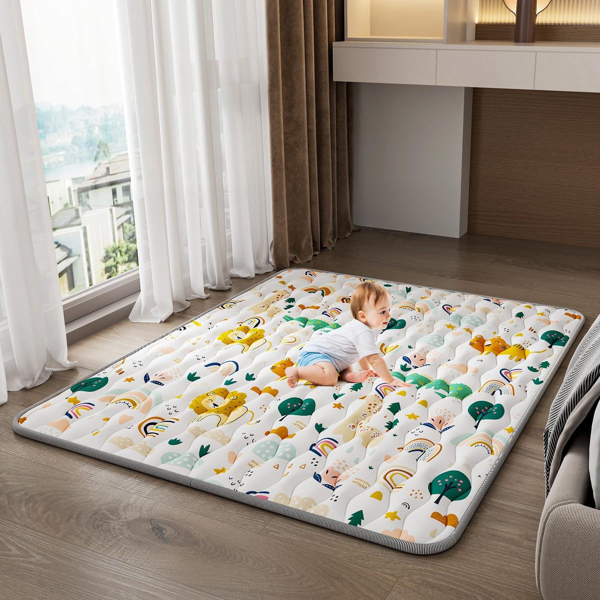 YJORIX baby play mat 50x50 rainbow design offers a cozy, safe floor playground for infants.