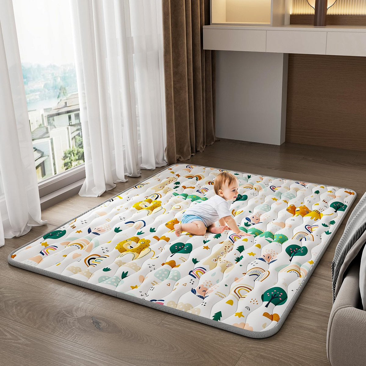 YJORIX baby play mat rainbow-animal design provides soft tummy-time cushioning