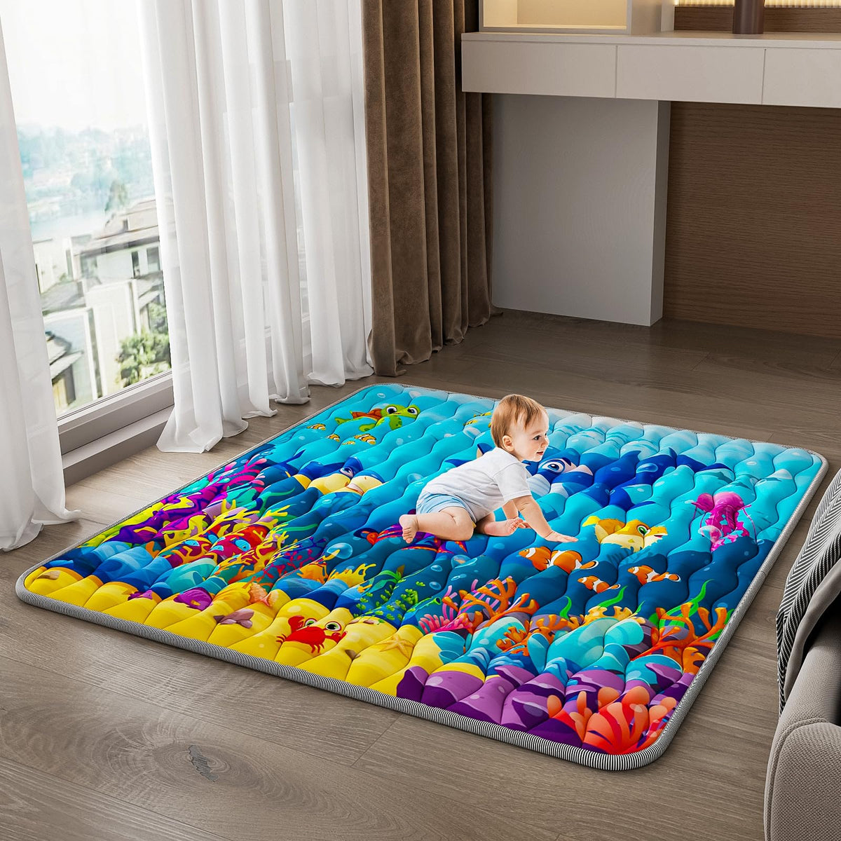 YJORIX Sea World playmat soft-padded surface for cozy baby crawling.