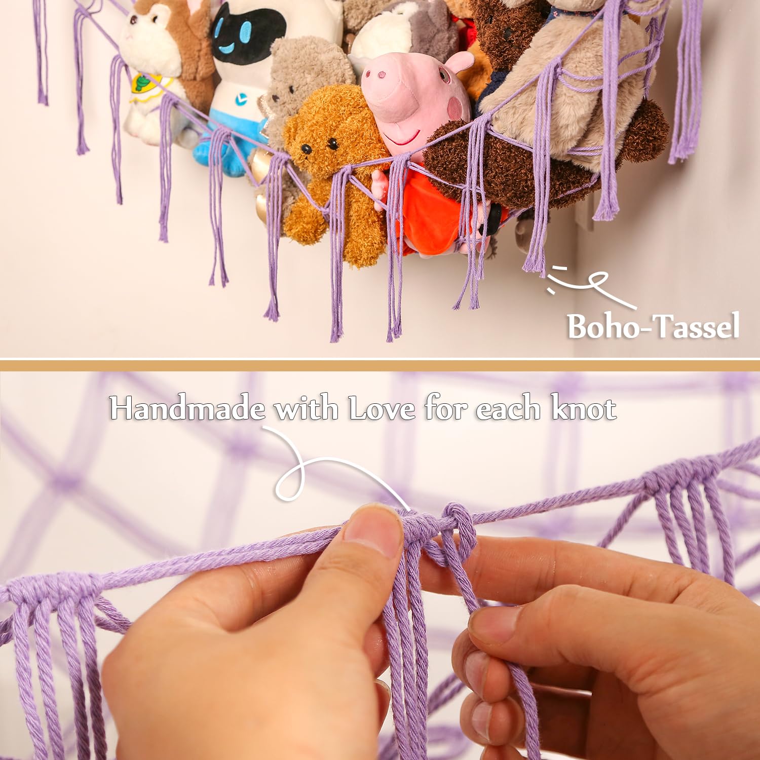 YKBU boho purple hammock with tassels adds stylish storage and kid-friendly display