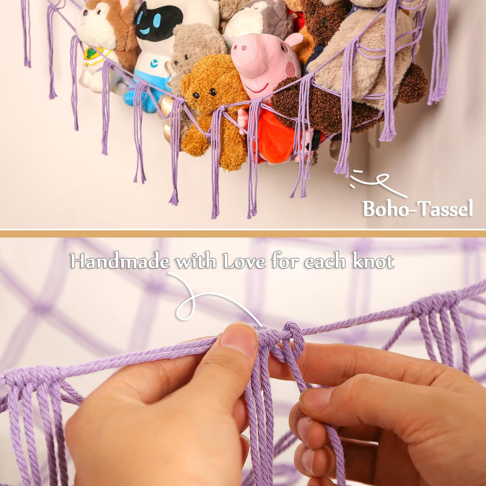 YKBU boho purple hammock with tassels adds stylish storage and kid-friendly display
