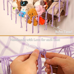 YKBU boho purple hammock with tassels adds stylish storage and kid-friendly display