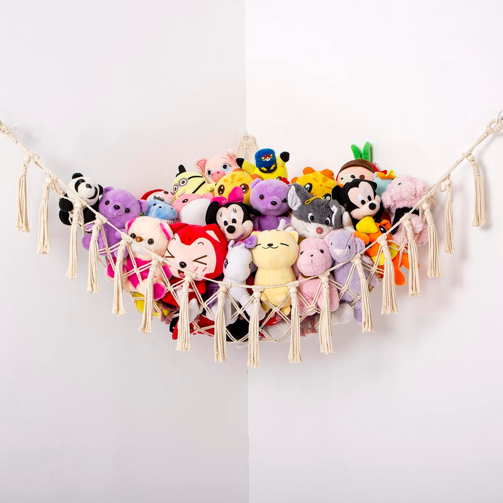 YKBU cream playroom hammock neatly displays toys and frees floor space