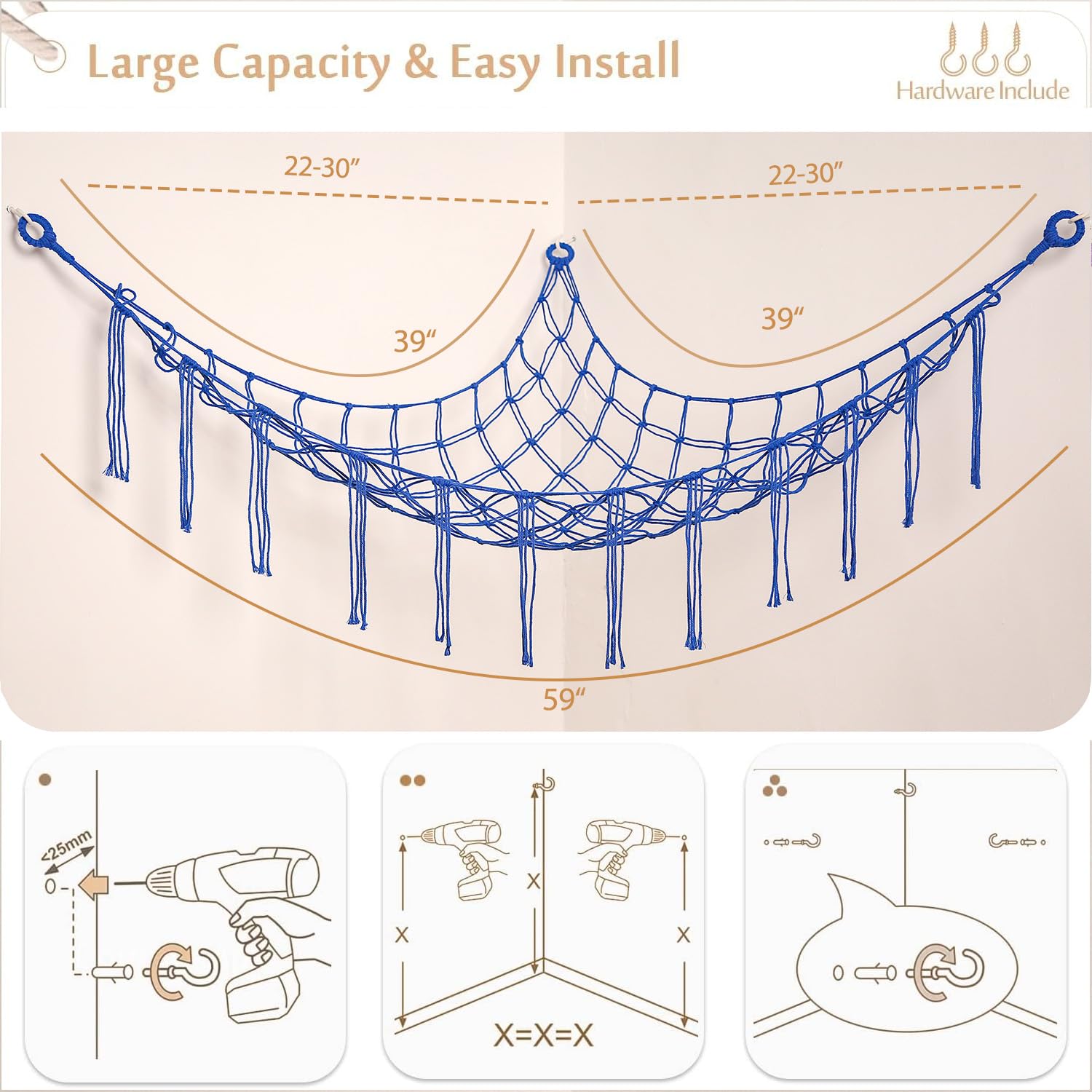 YKBU easy-install hammock with three hooks and wall anchors for quick setup