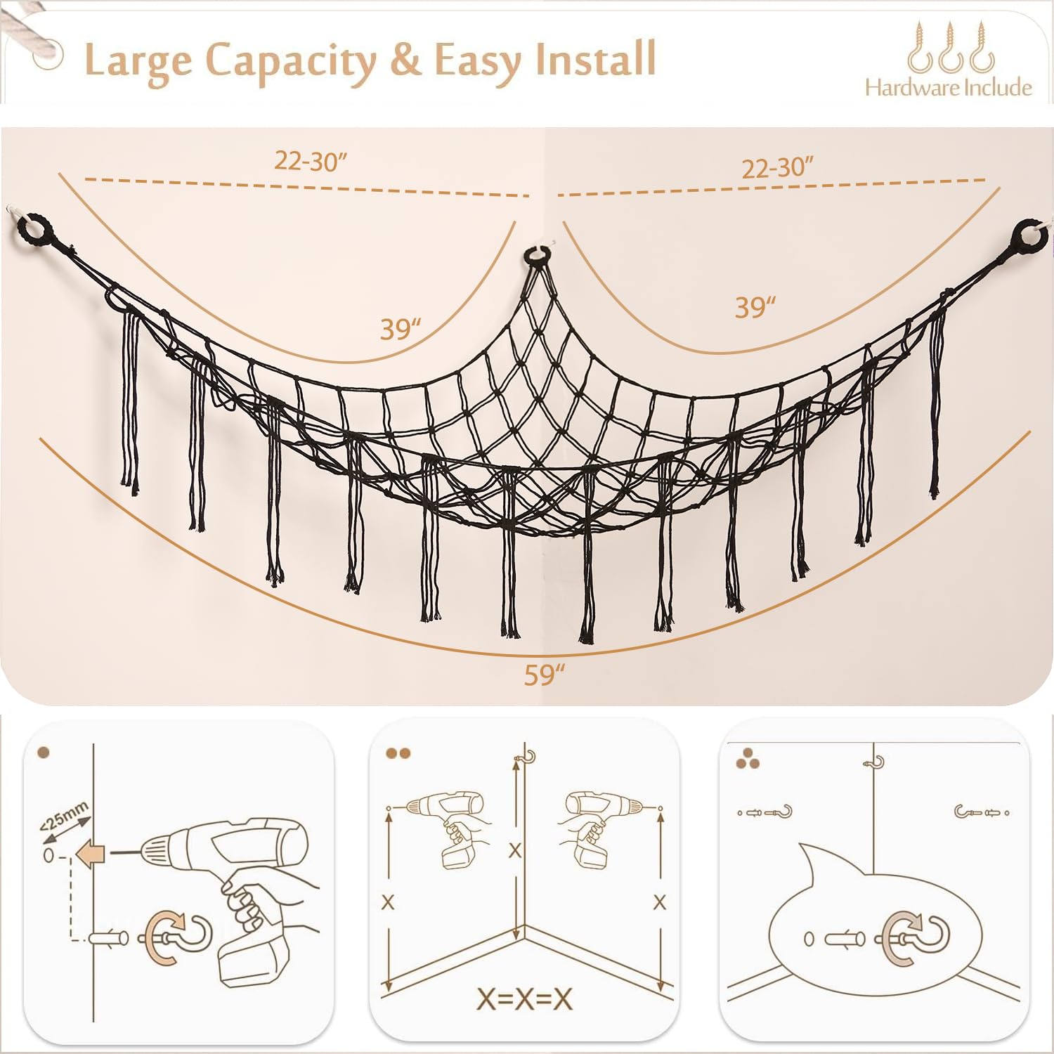 YKBU easy-install toy hammock with three hooks for quick setup