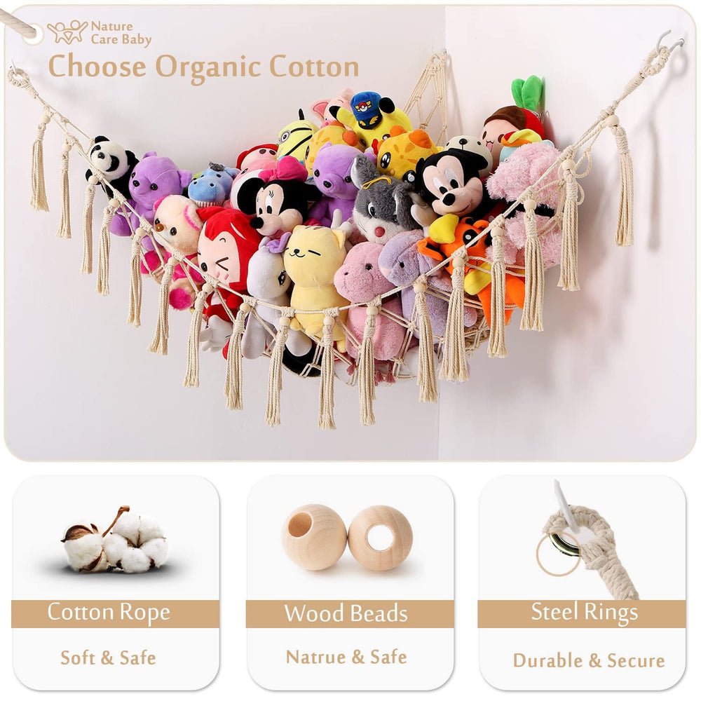 YKBU macrame toy hammock with wooden beads showcases elegant nursery storage