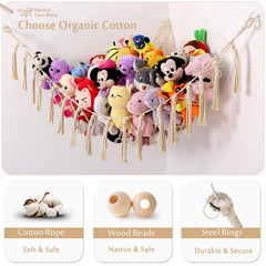 YKBU macrame toy hammock with wooden beads showcases elegant nursery storage