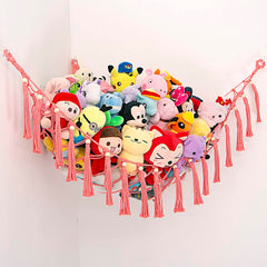 YKBU MAKEONEWO pink macrame hammock corner display for space-saving toy storage.