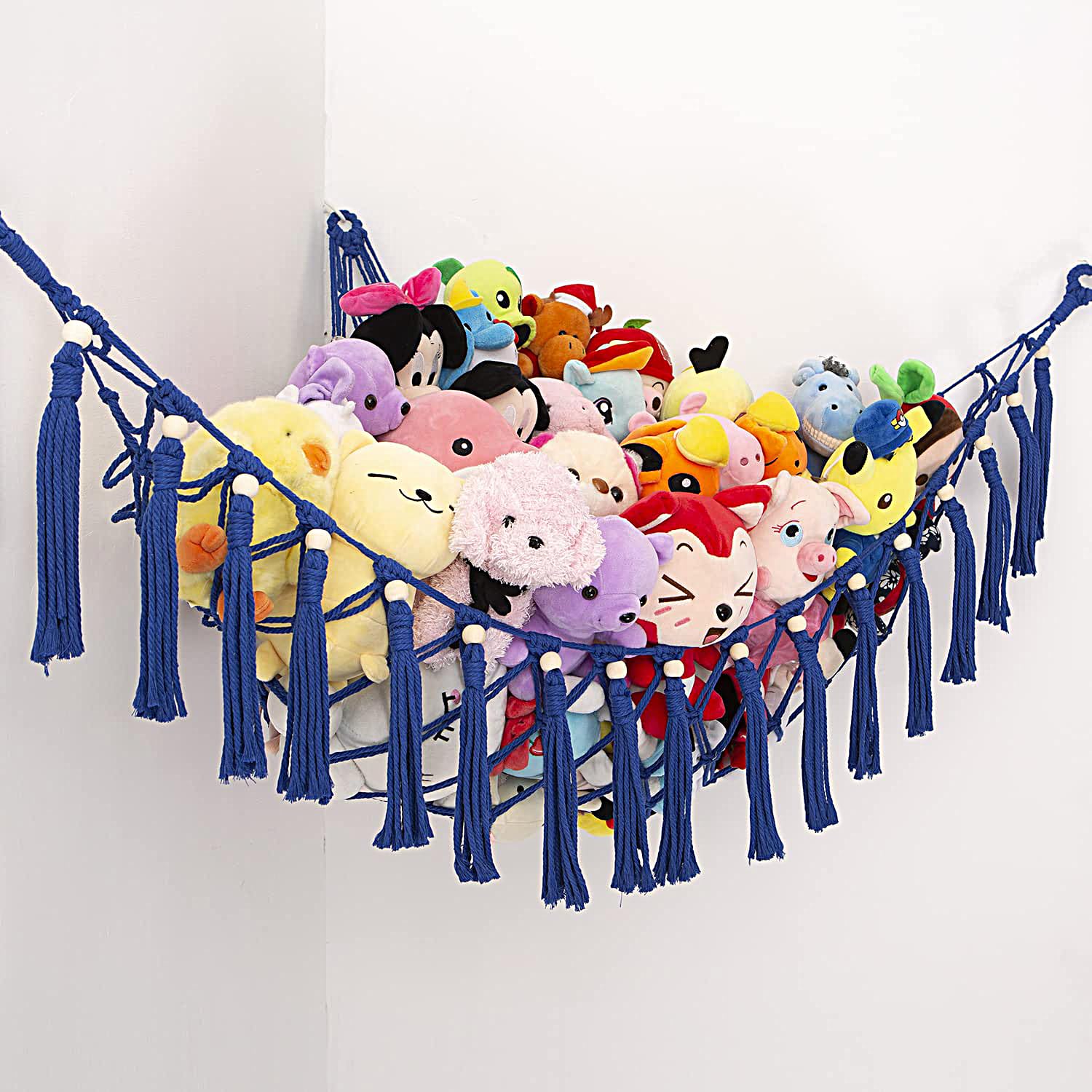 YKBU MAKEONEWO stuffed animal hammock corner display keeps plush toys neatly organized.