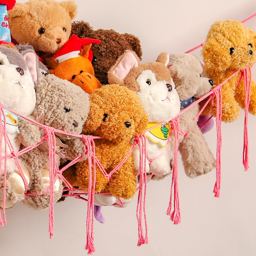 YKBU pink large hanging net brightens room while organizing stuffed animals.