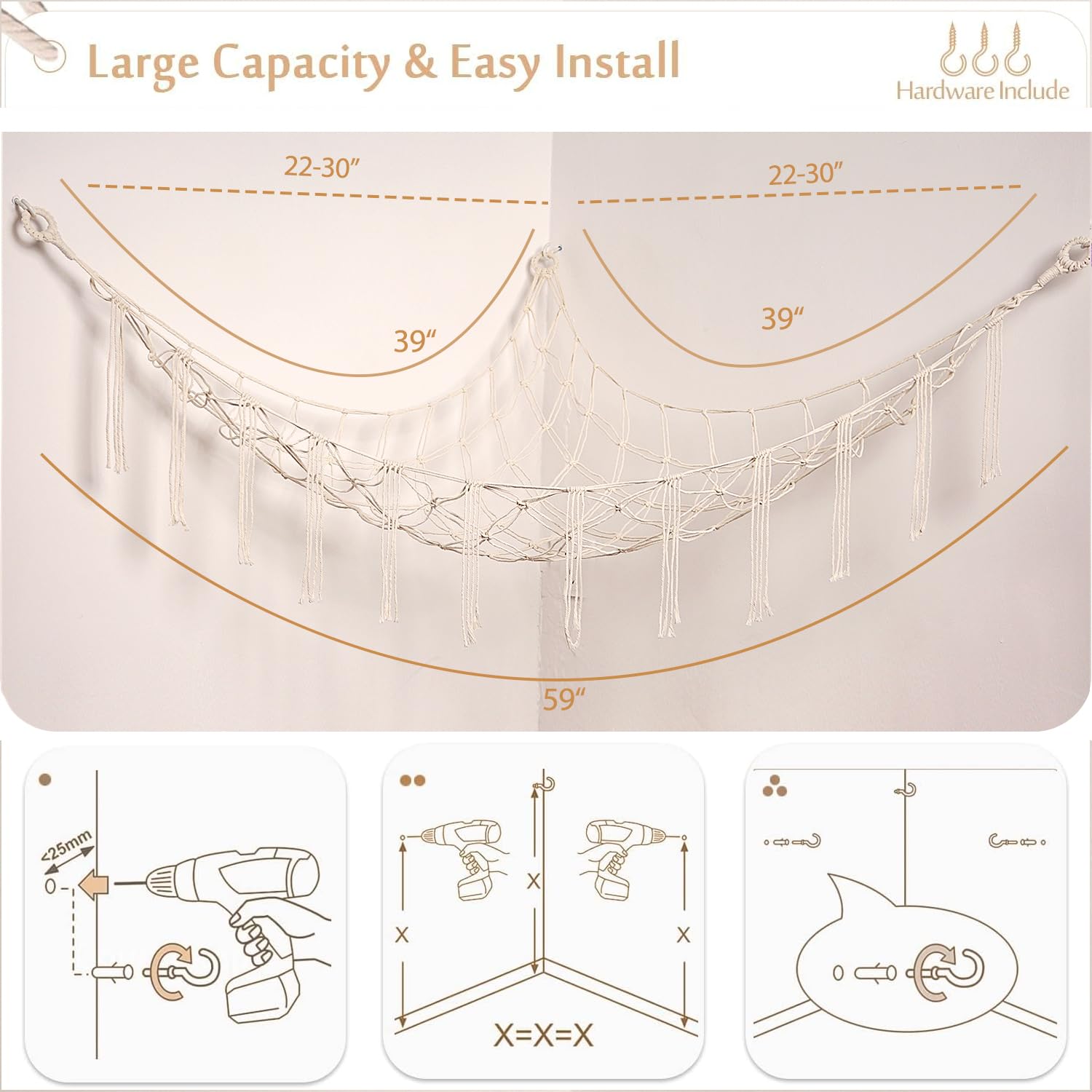 YKBU quick-install toy hammock with 3 hooks for easy setup.