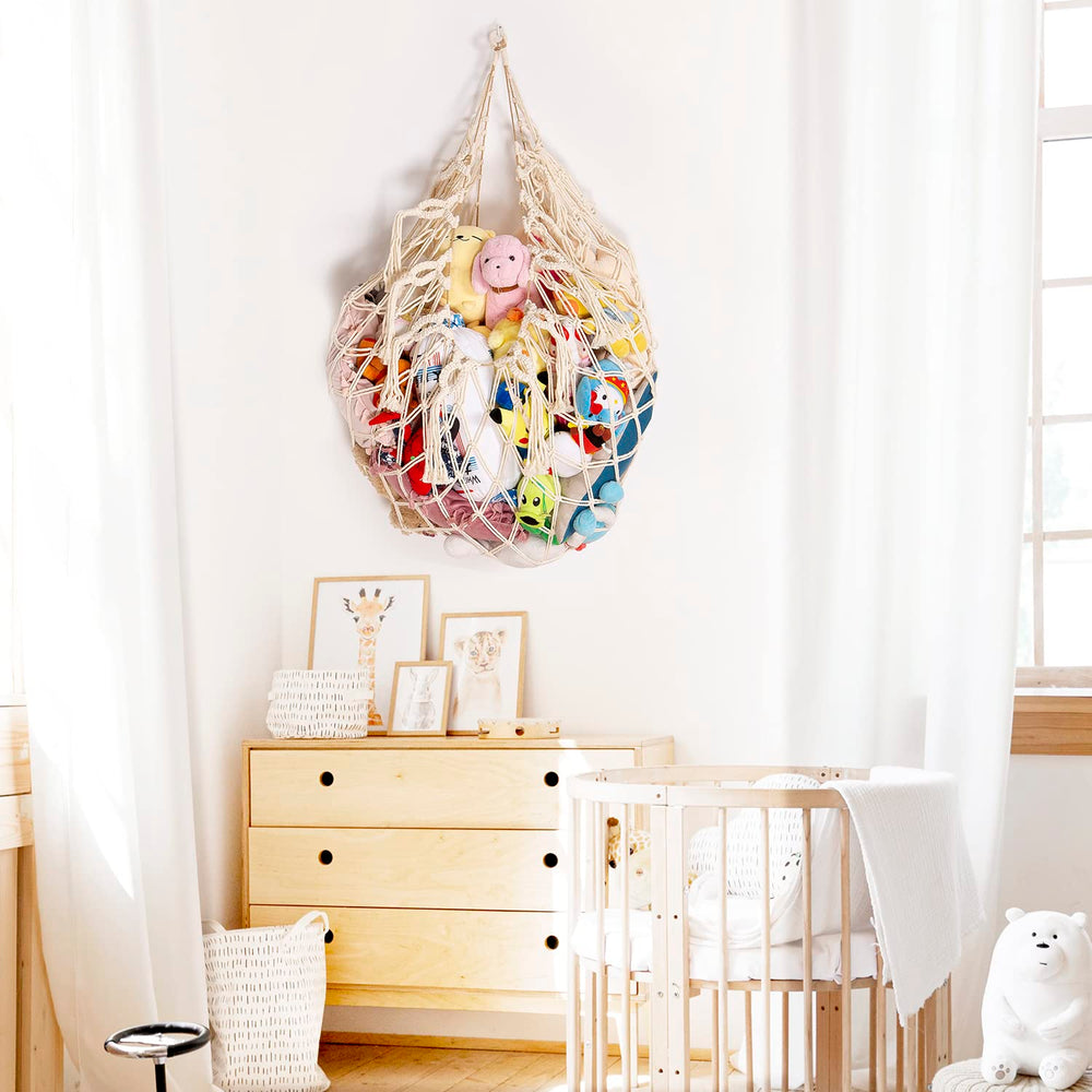 YKBU space-saver cream storage net helps maintain neat inviting kids spaces