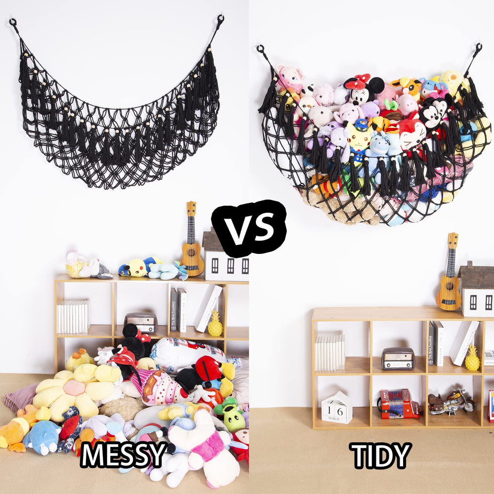 YKBU tassel-adorned boho hanging net showcases plush toy storage and decor.