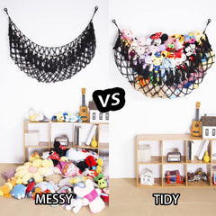 YKBU tassel-adorned boho hanging net showcases plush toy storage and decor.