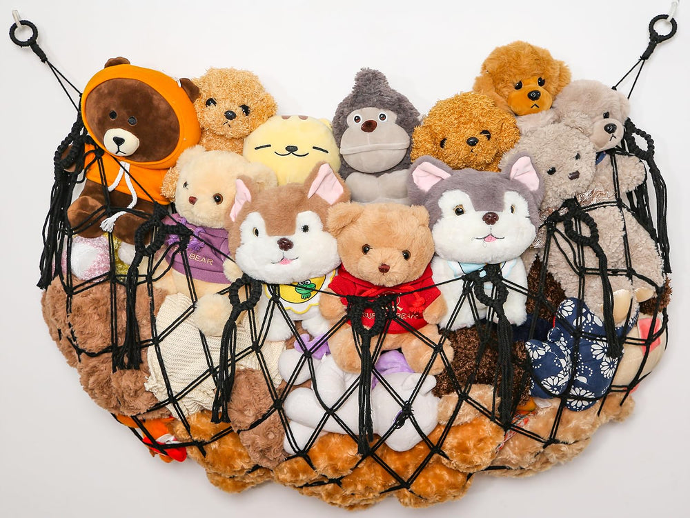 YKBU stuffed animal net hammock wall mount in black showing organized plush storage and space saving