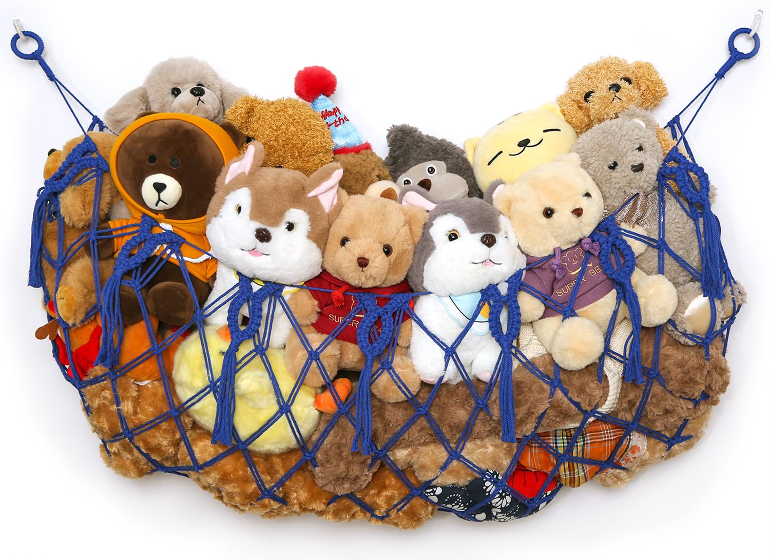 YKBU blue stuffed animal wall hammock on wall storing plush toys and freeing floor space