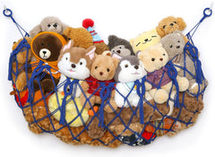 YKBU blue stuffed animal wall hammock on wall storing plush toys and freeing floor space