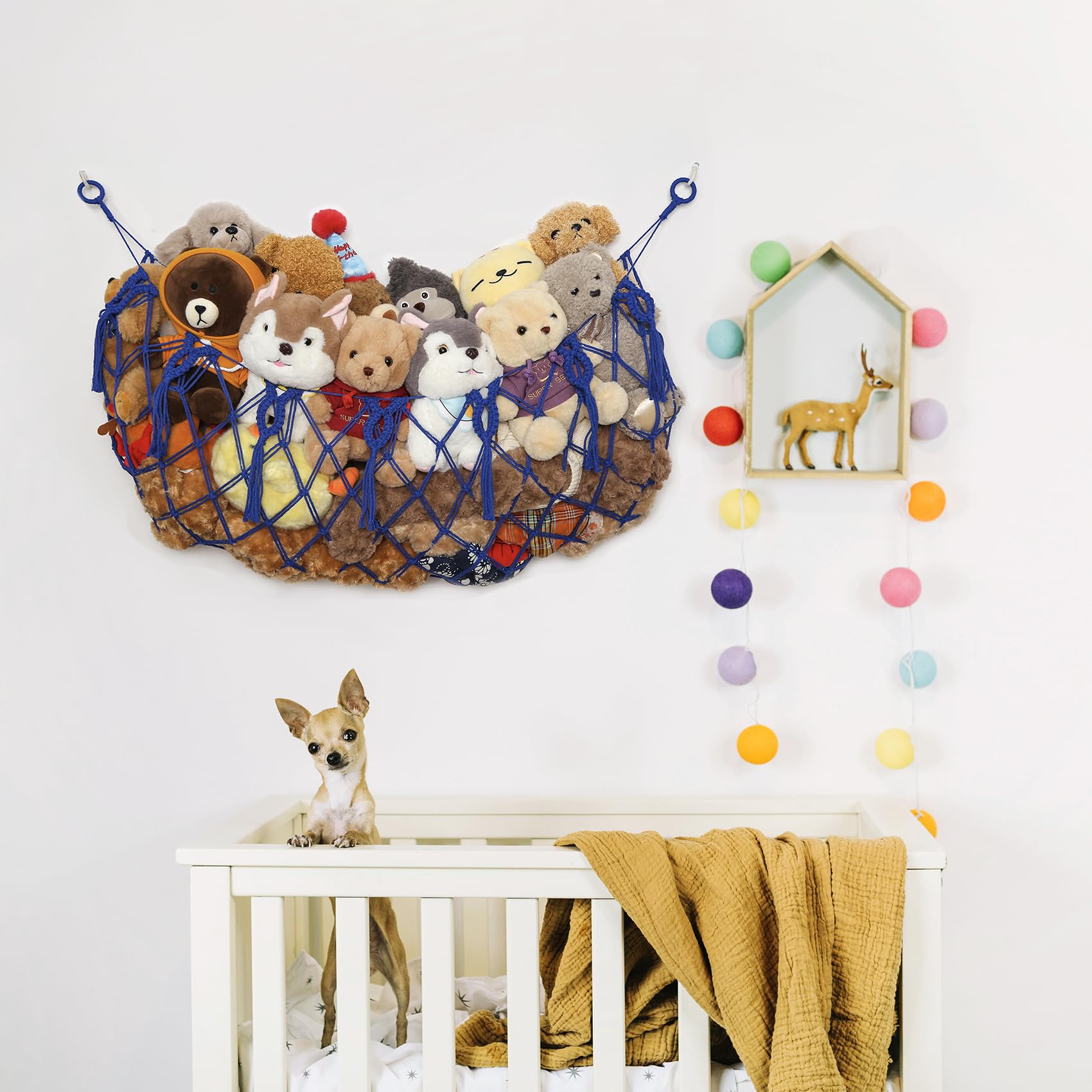 YKBU blue macrame ceiling-hanging net used as a plush toy display