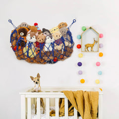 YKBU blue macrame ceiling-hanging net used as a plush toy display