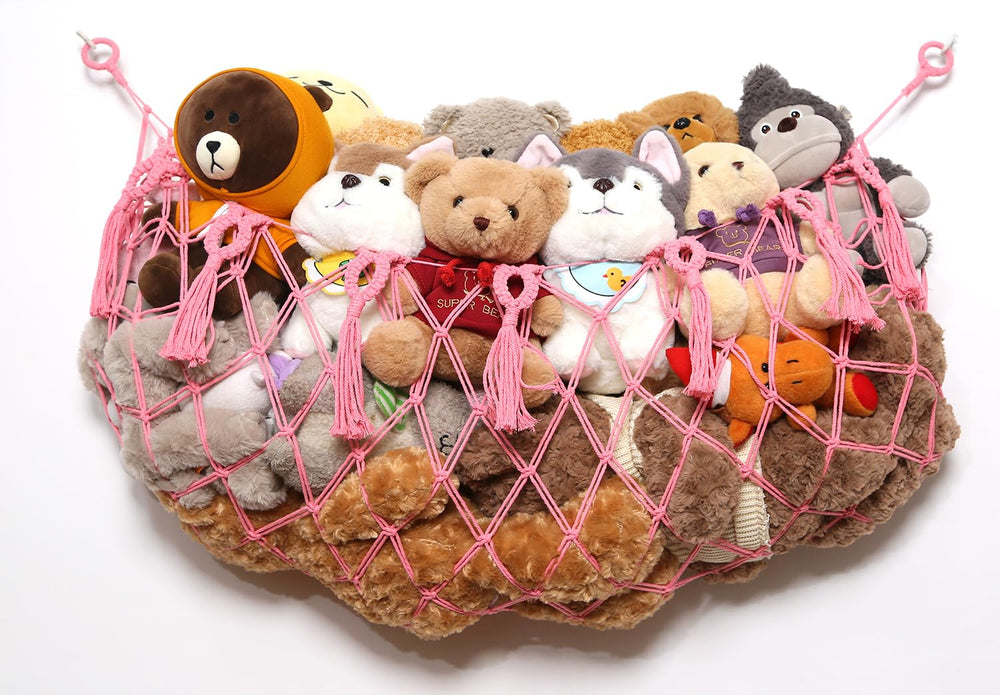 YKBU stuffed-animal net wall-macrame-setup shows a tidy toy display on a wall for space-saving storage.