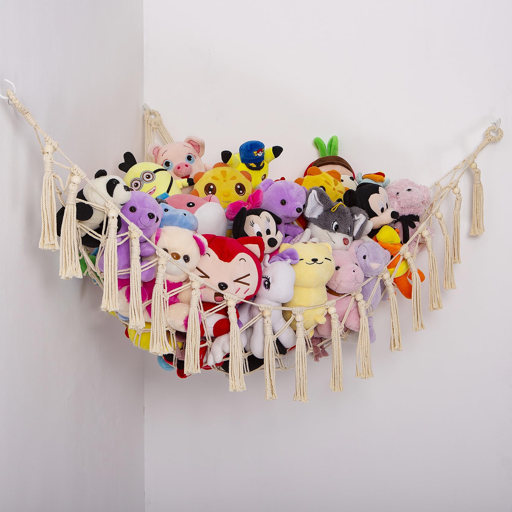 YKBU stuffed animals hammock corner net in cream offers space-saving plush toy storage